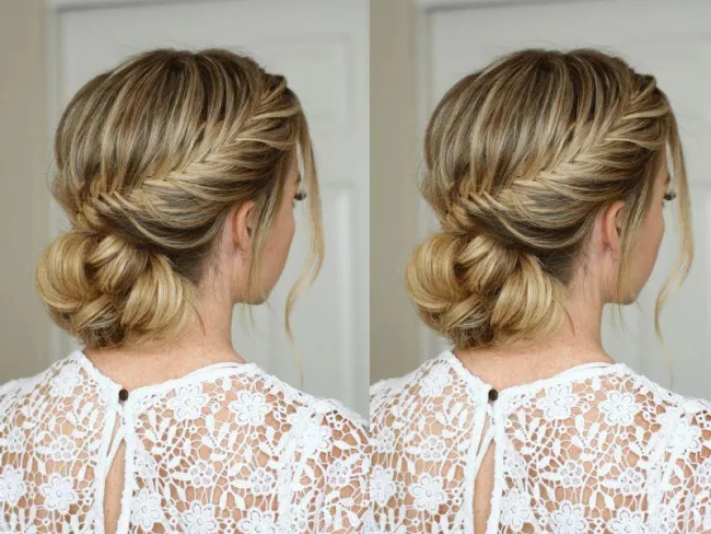 Kiểu tóc búi bay sang trọng cho tóc ngắn ngang vai, tạo độ bồng bềnh và mềm mại quanh mặt