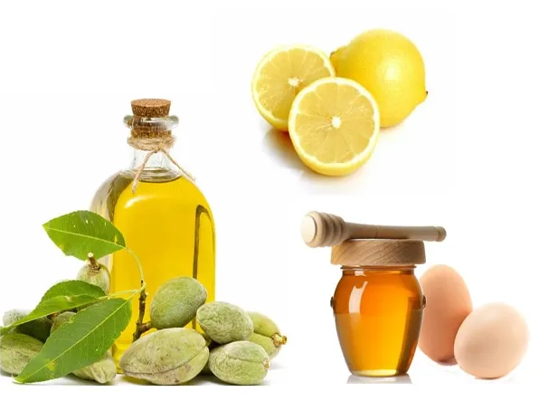 Mô tả hình ảnh: Người phụ nữ đang trộn một hỗn hợp mặt nạ tóc tự nhiên trong bát, với các nguyên liệu dễ thấy