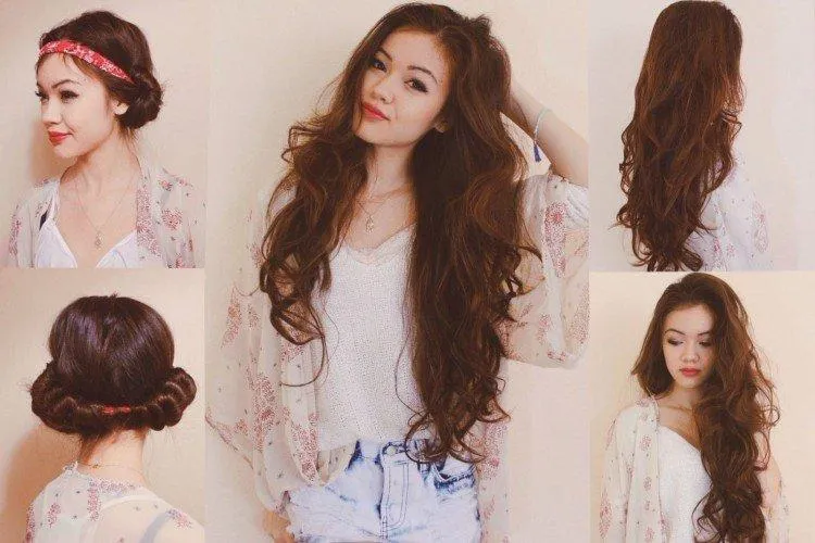 Hình ảnh minh họa cách cuốn tóc quanh một chiếc băng đô để tạo sóng xoăn