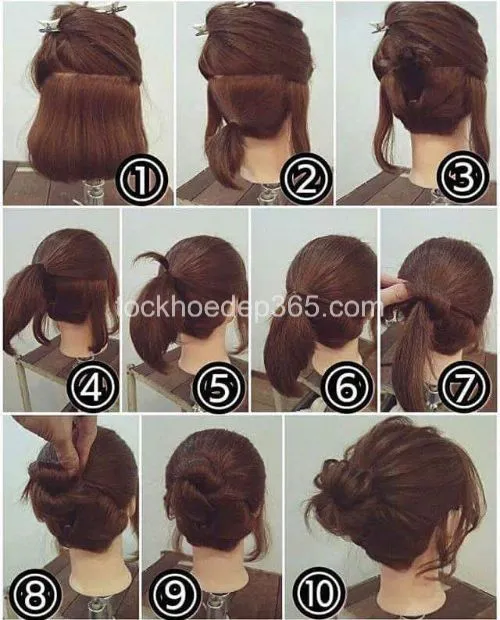 Mái tóc ngắn được tết phức tạp và búi thấp sang trọng, phù hợp dự tiệc