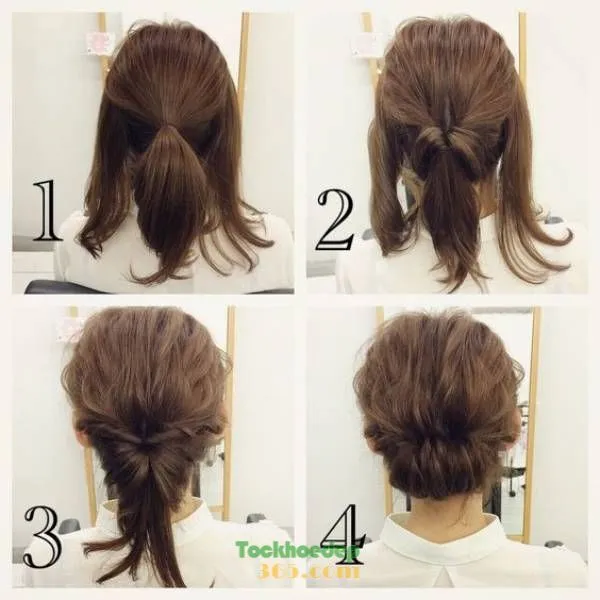 Kiểu tóc xoắn nửa đầu ngang vai kết hợp búi thấp tinh tế, một biến thể dễ áp dụng của cách tết tóc ngang vai đẹp