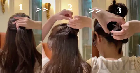 Minh họa kiểu kẹp Half-up Half-down bằng kẹp càng cua cho tóc xoăn sóng nước