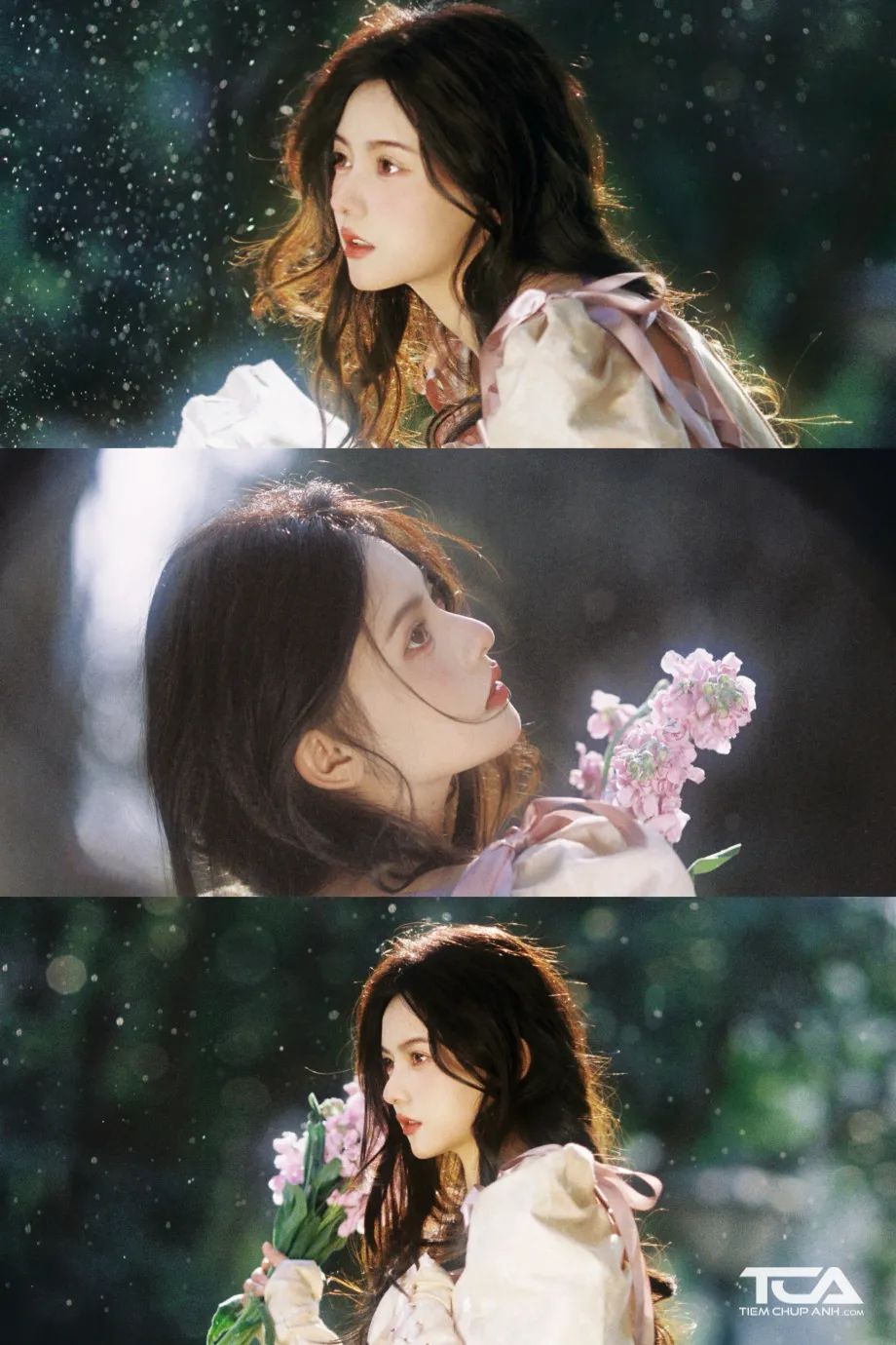 Nữ sinh tóc dài buông xõa, đội nón, tạo dáng chụp kỷ yếu ngoại cảnh