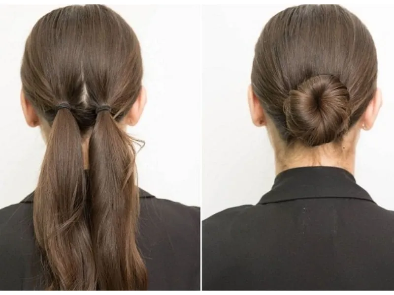 Búi tóc cuộn thấp với các lọn tóc mượt mà, phù hợp với phong cách công sở tối giản