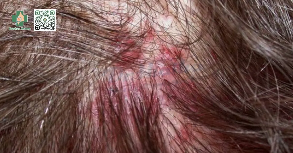 Hình ảnh minh họa về các nốt mụn sưng đỏ, viêm nhiễm ở vùng chân tóc, cần được can thiệp y khoa để tránh để lại tổn thương sâu
