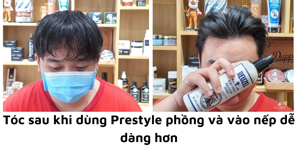 Người đàn ông đang xịt sản phẩm pre-styler để chuẩn bị tạo kiểu tóc