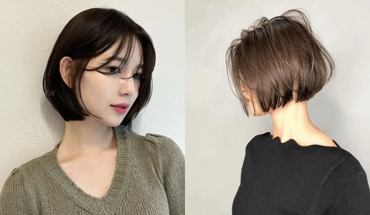 Kiểu tóc bob ngắn layer ôm gáy màu nâu tối với những lọn tóc được tỉa tinh tế