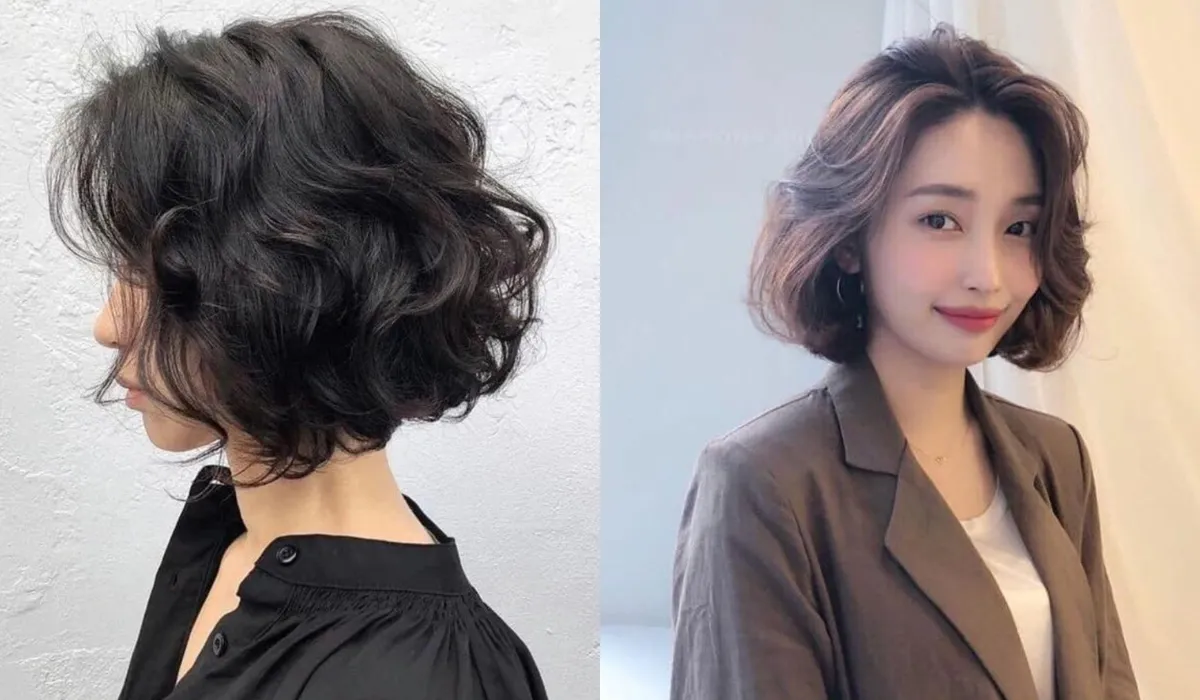 Người mẫu có kiểu tóc bob xoăn lơi hiện đại với màu tóc nâu hạt dẻ