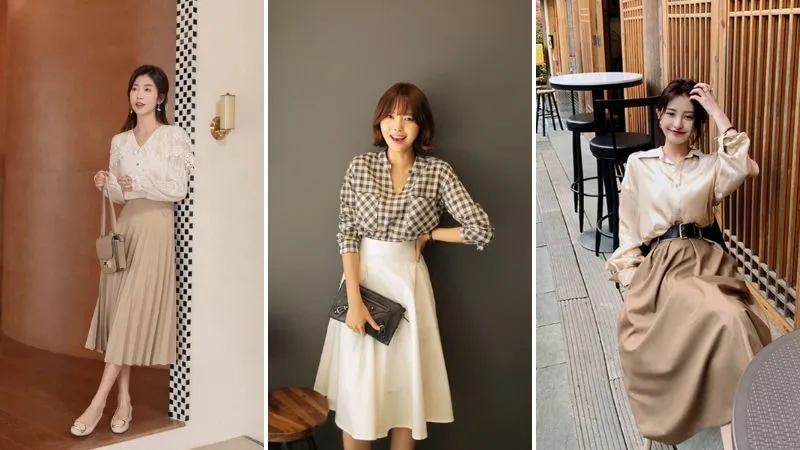 Áo cổ V và chân váy midi cùng phong cách tóc ngắn duyên dáng