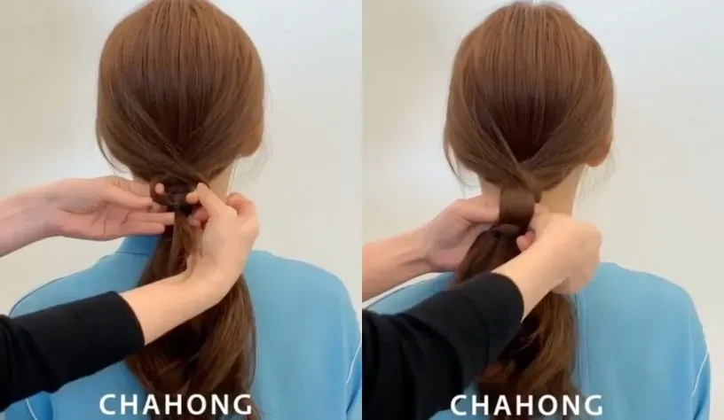 Quy trình tạo kiểu tóc đuôi ngựa thấp xoắn thừng, bước lộn ngược