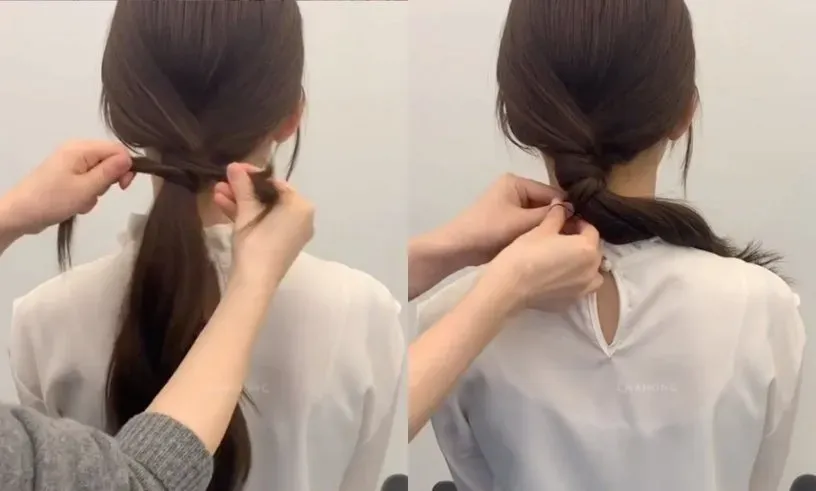 Quy trình tạo kiểu tóc đuôi ngựa thấp giấu dây buộc, bước cố định cuối cùng