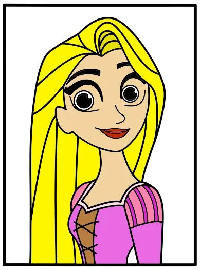 Bức vẽ Công Chúa Tóc Mây với biểu cảm ngạc nhiên và mái tóc vàng bồng bềnh