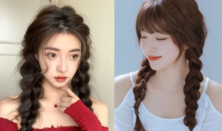 Tóc tết bím hai bên thả suôn dài mang lại vẻ ngoài dịu dàng, nữ tính cho bé