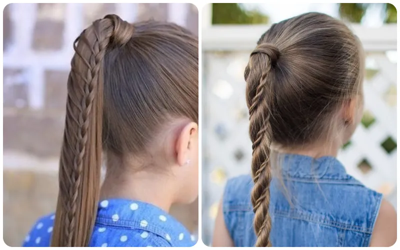 Bé gái với kiểu tóc tết đuôi ngựa đơn giản, một lọn tóc được quấn quanh dây buộc tạo vẻ tinh tế