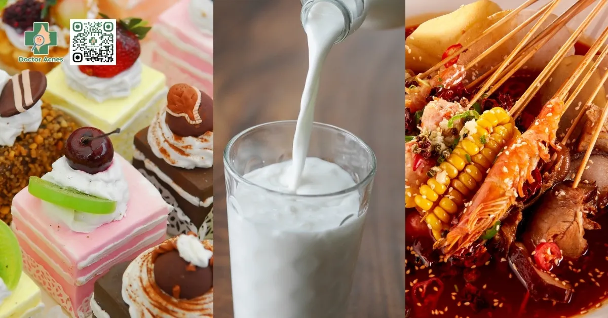 Chế độ ăn uống giàu đường, chất béo, cay nóng có thể kích thích tuyến bã nhờn hoạt động mạnh hơn, góp phần gây ra mụn ở chân tóc