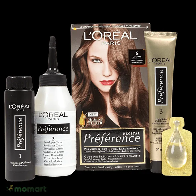 Bên trong hộp thuốc nhuộm tóc L'Oréal, bao gồm thuốc nhuộm và developer