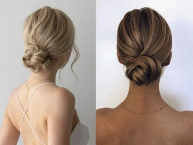 Người phụ nữ với kiểu tóc búi thấp cố định sau gáy, tạo kiểu thanh lịch