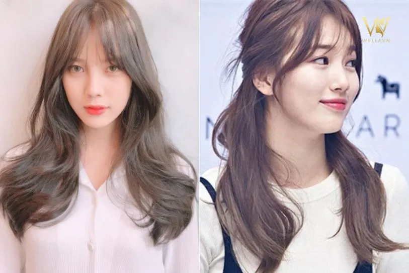 Tóc mái bay kết hợp mái thưa Hàn Quốc, giúp che trán cao và gò má