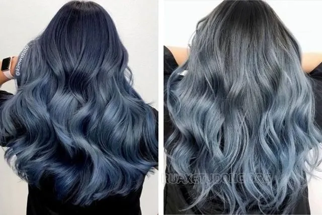 Phụ nữ với mái tóc xanh đen khói bạc bồng bềnh sau khi nhuộm