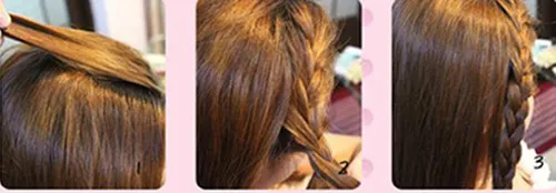 Cô gái đang chia tóc thành hai phần và bắt đầu tết lọn tóc mái bên phải theo kiểu tết ba cổ điển để học cách tết tóc đẹp