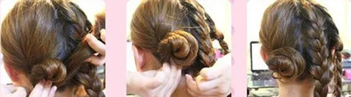 Quấn các bím tóc đã tết quanh búi tóc cơ sở và cố định bằng ghim tăm, đây là bước cuối cùng khi học cách tết tóc đẹp