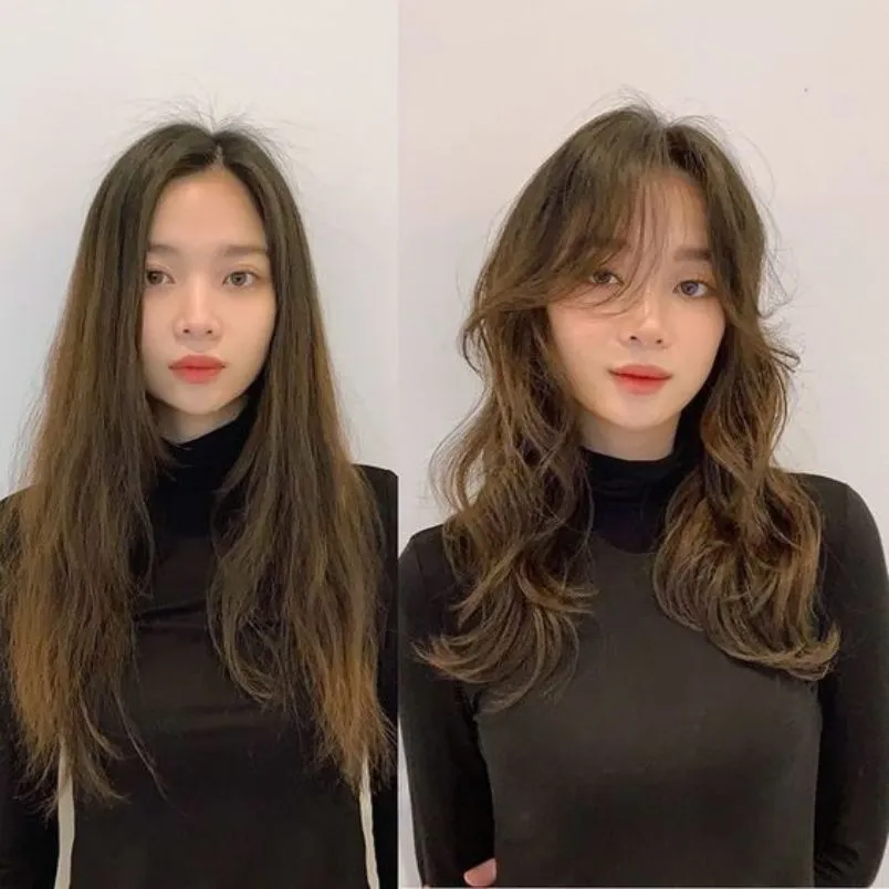 Hình ảnh một cô gái với kiểu tóc mái bay uốn xoăn nhẹ nhàng, tạo độ phồng quyến rũ