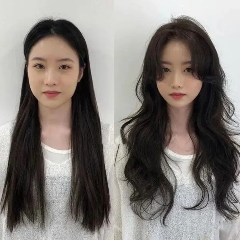 Kiểu tóc mái bay Hàn Quốc kết hợp với tóc uốn lọn nhẹ nhàng dành cho khuôn mặt tròn