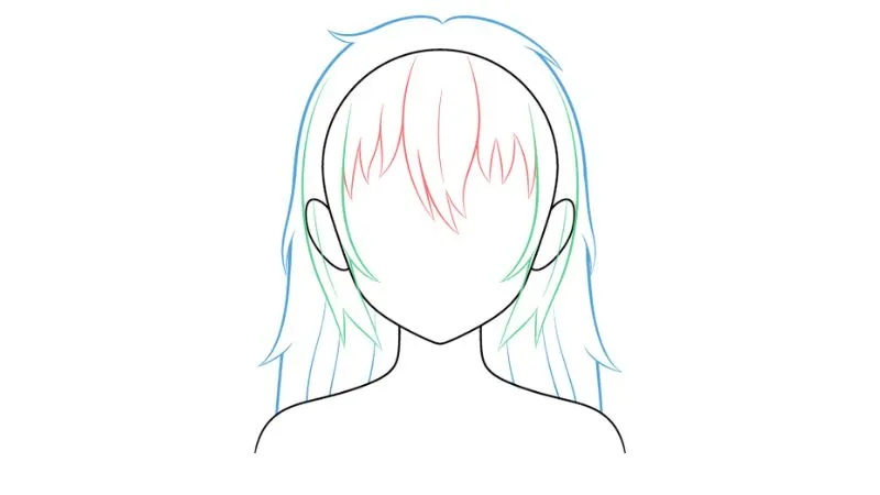 Vẽ các nếp gấp và lọn tóc lớn, tạo độ dày và sự chuyển động ở phần tóc sau