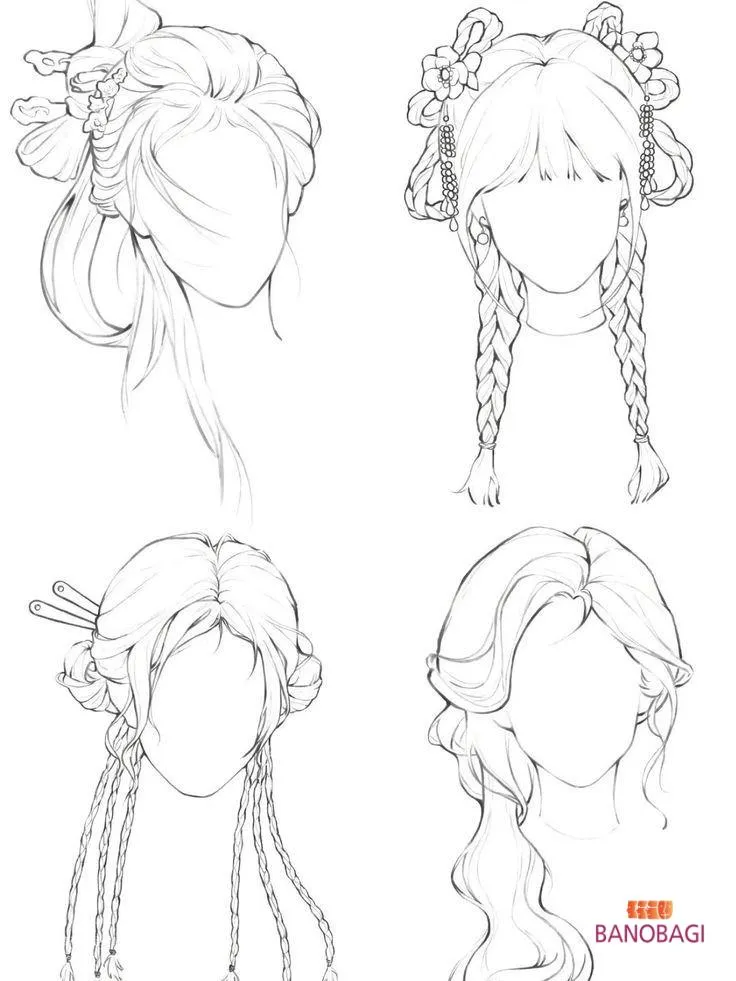 Hình ảnh minh họa nhân vật anime với kiểu tóc buộc cao và mái chéo, sử dụng phụ kiện đơn giản