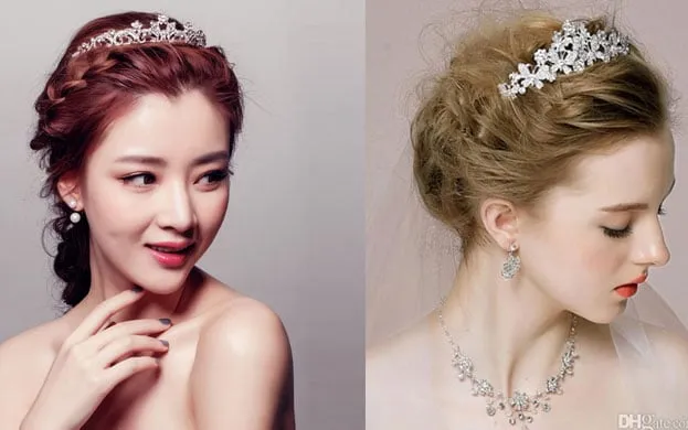 Một chiếc vương miện đính đá lấp lánh tinh xảo, thường dùng làm phụ kiện cô dâu hoặc trong các buổi tiệc dạ hội