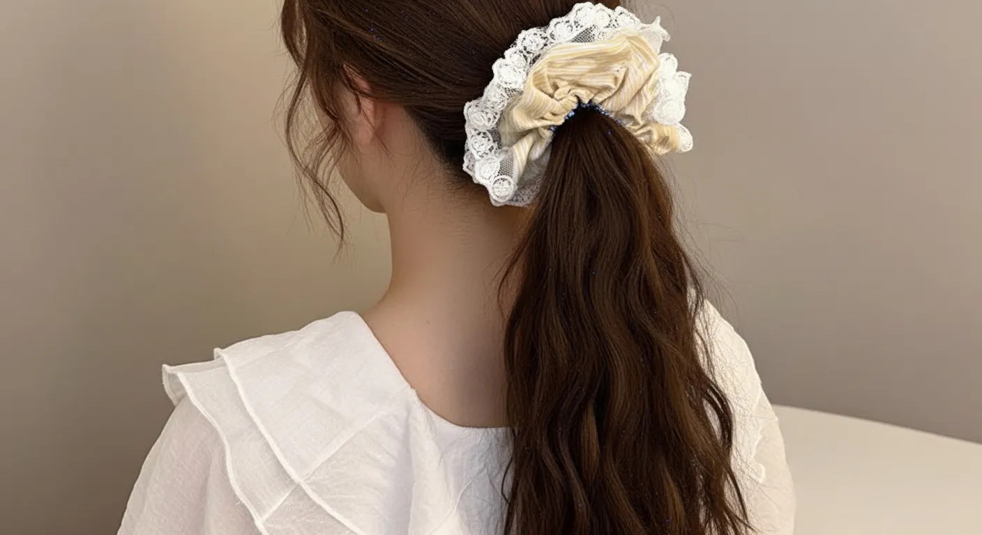 Dây buộc tóc scrunchie ren tạo điểm nhấn cho cách cột tóc đuôi ngựa cao phồng